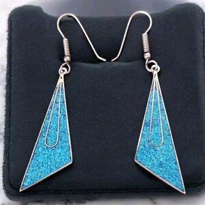 Vintage Mexico Alpaca Silver Turquoise Inlay Earrings Modernist Geometric